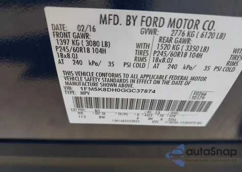 2016 Ford Explorer Xlt from USA, damaged, VIN 1FM5K8DH0GGC37874